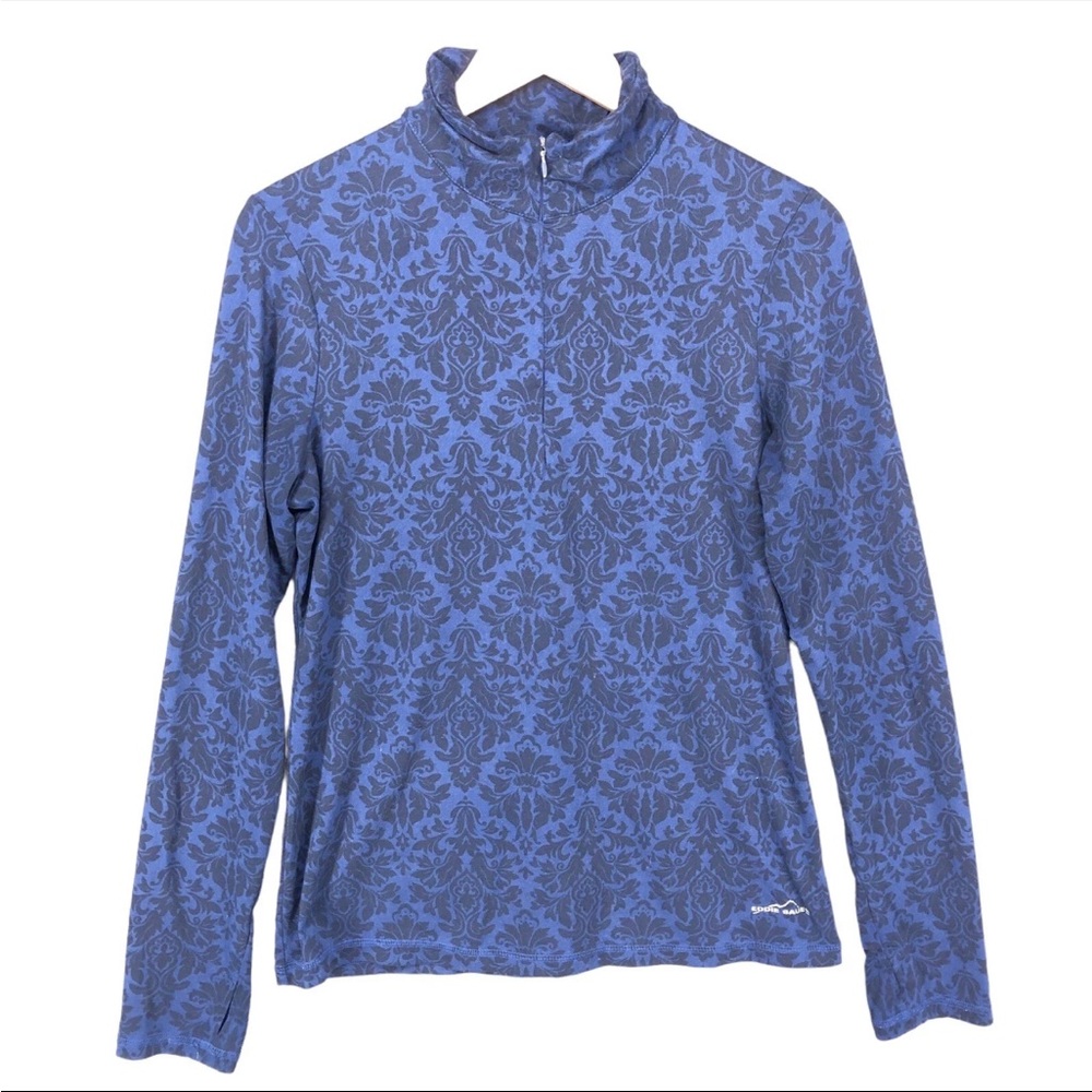 Eddie Bauer Top Womens Medium Blue Damask Long Sleeve 1/4 Zip Pullover Mock Neck